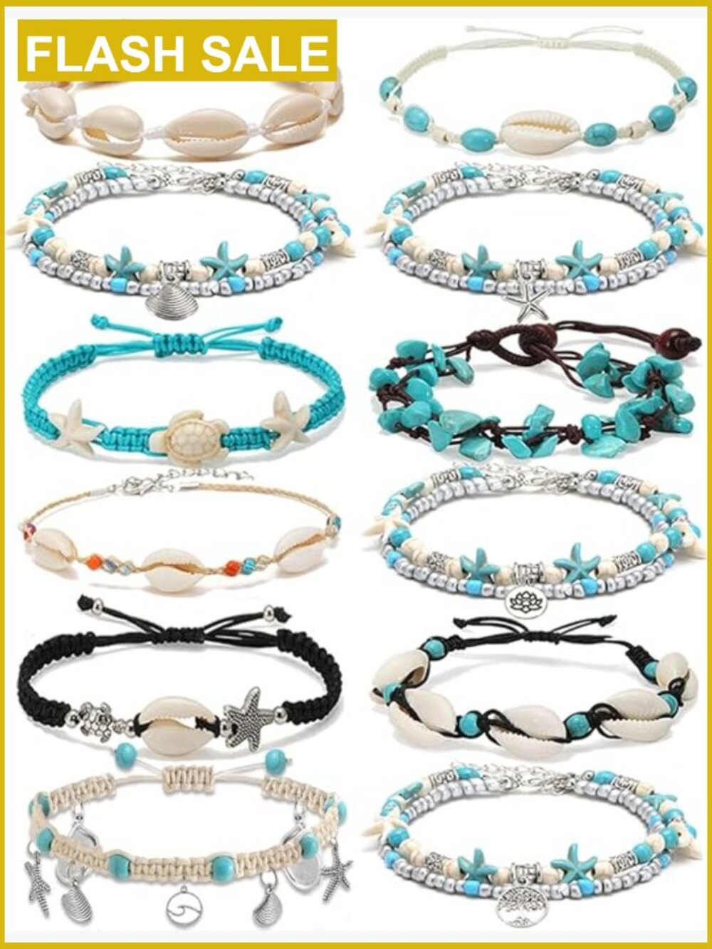 12Pc Shell Anklet Set Turtle Cowrie Dolphin Starfish Beach Jewelry